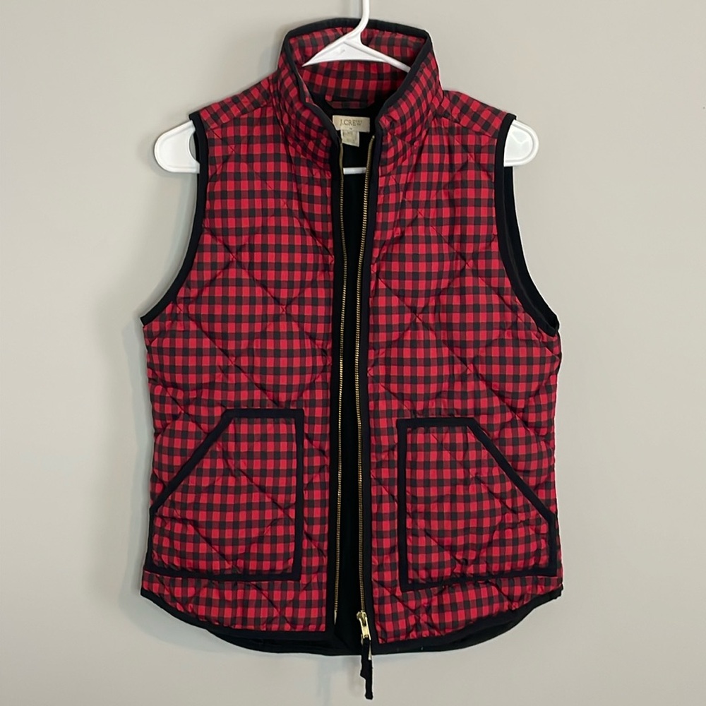 J. Crew Factory Gingham Puffer Vest - Black and Red